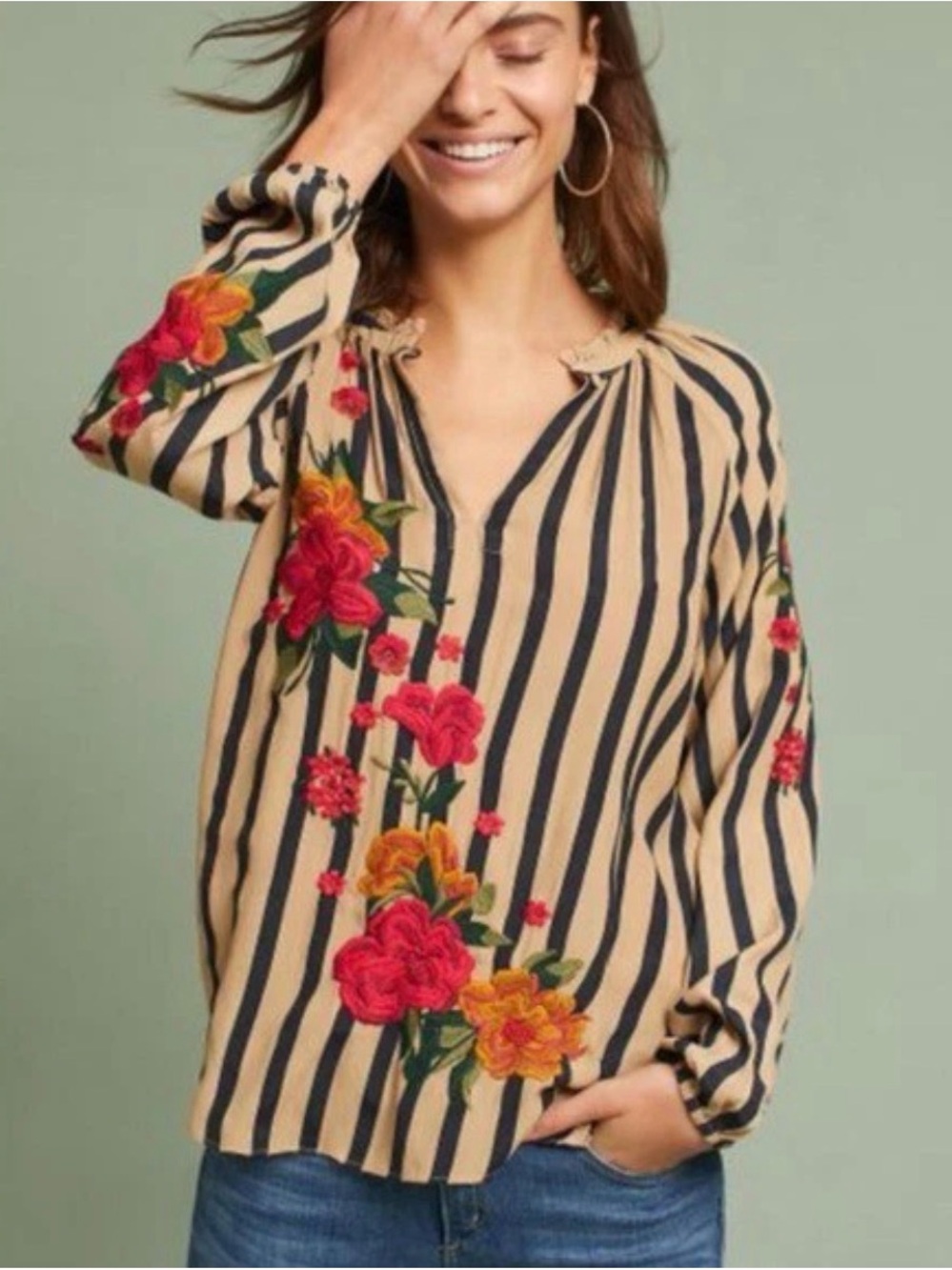 Akemi Kin Anthropologie Striped Beige V-Neck Blouse with Red Floral Embroidery